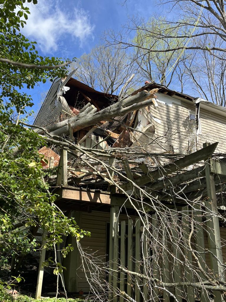 dead tree fell on house storm damage tree removal. tree is dangerous